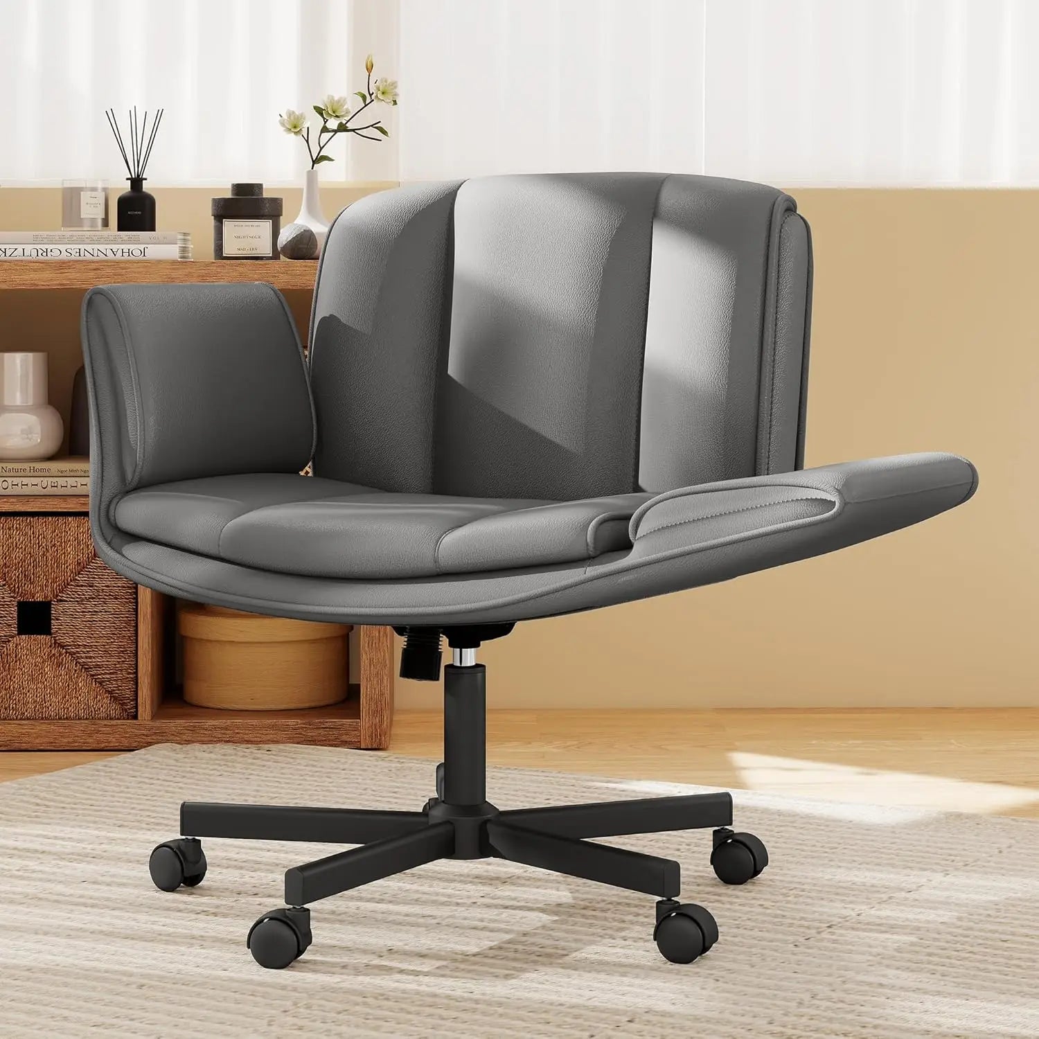 Criss Cross Chair with Wheels &amp; Armrests,Comfy Wide Vanity Chair,Scratch-Resistant Pu Leather Cross Legged Desk, Customized