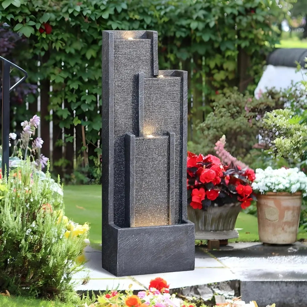Modern Outdoor Water Fountain with Lights&Pump, Cascading Waterfall Feature Outdoor, Resin Standing Garden Fountain for Landscap