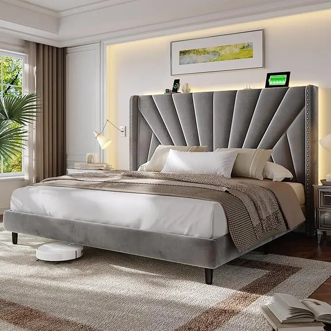 Chengwei Velvet Wingback King Bed Frame With LED Headboard
