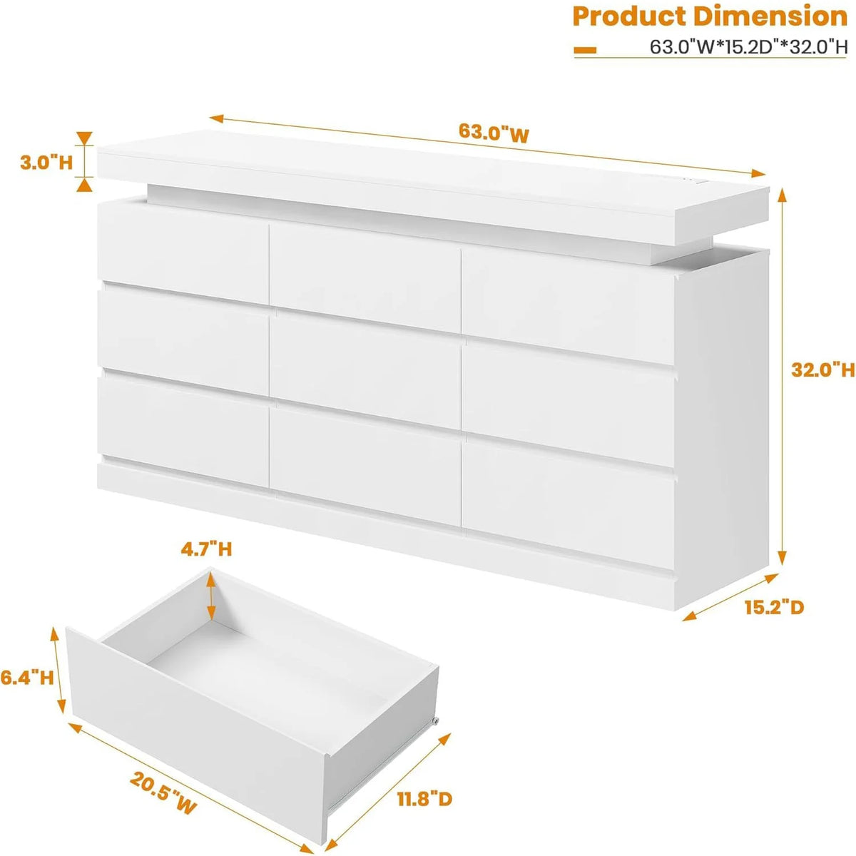 Acekool Nine Drawer Dresser With LED Lights And Charging Station