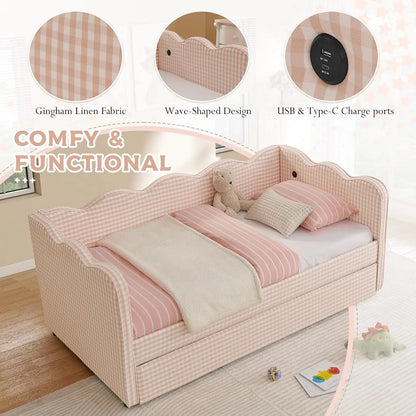 Twin Daybed Pop Up Trundle Linen Upholstered Convertible Sofa Bed Guest Room No Box Spring Customized