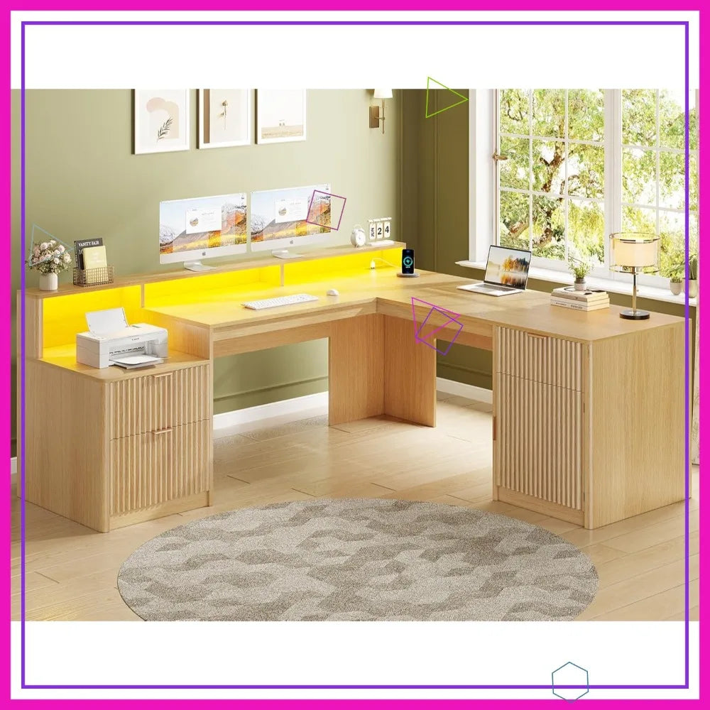 66" Modern L-Shaped Office Desk with Drawers, File Cabinet, Monitor Stand &amp; Power Outlets - Ergonomic Home Office Furniture