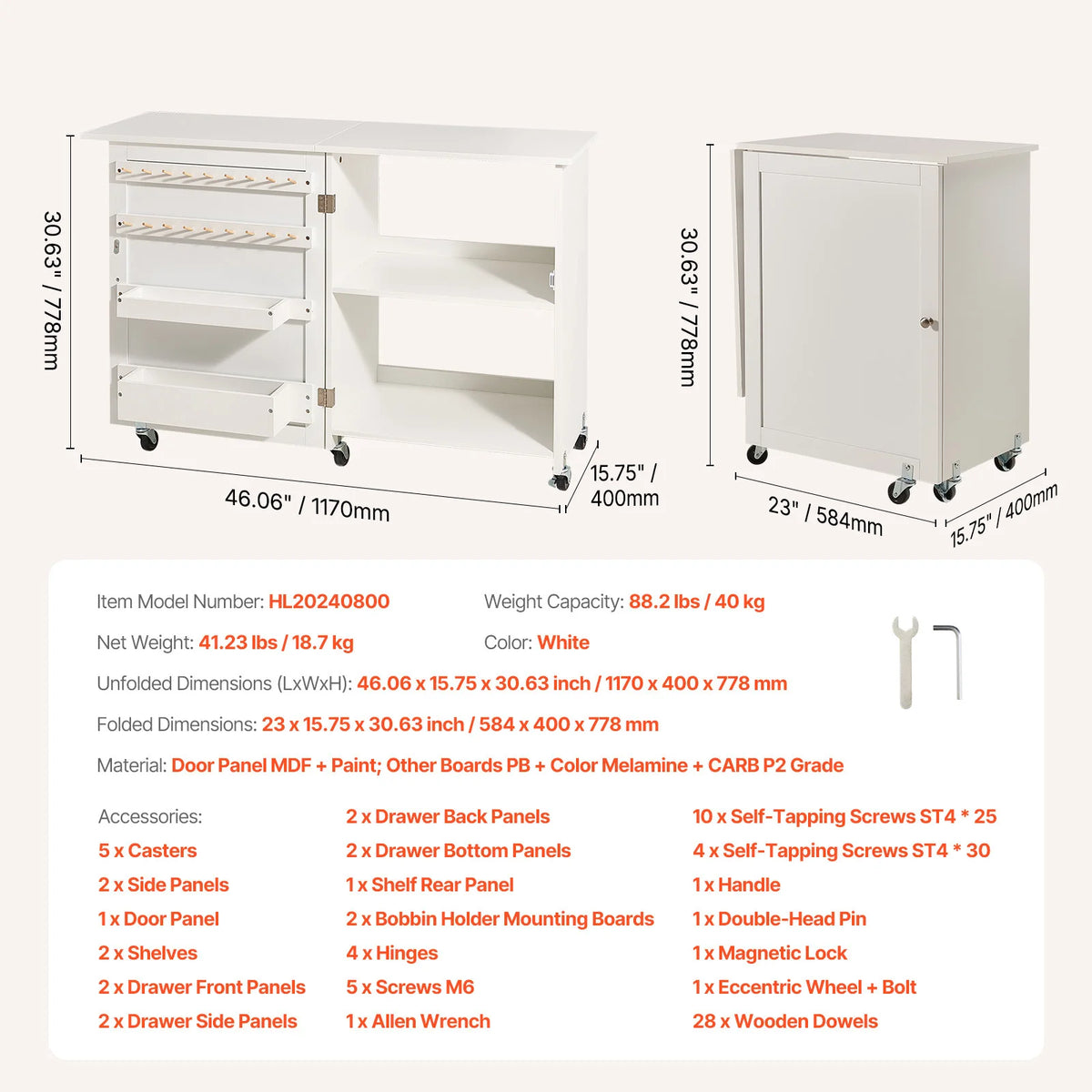 SucceBuy Folding Sewing Machine Table with Wheels and Storage Shelves