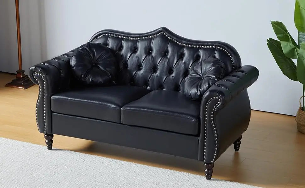 Black Mid-Century Modern 2-Seater Loveseat with Deep Button Tufting and Throw Pillows