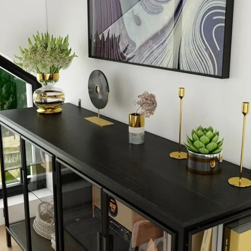 HOT Glass Shelves 4 Compartments, Sideboard Buffet with Solid Metal Legs, Modern Display Cabinet for Living Room Dining Room, Bl