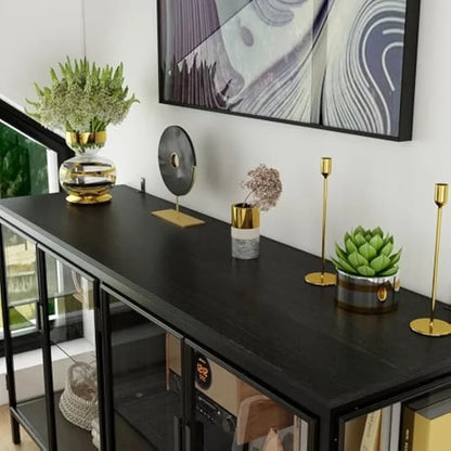 HOT Glass Shelves 4 Compartments, Sideboard Buffet with Solid Metal Legs, Modern Display Cabinet for Living Room Dining Room, Bl