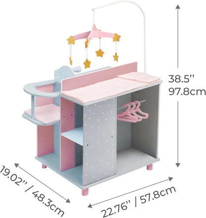 6-in-1 Wooden Baby Doll Changing Station with Crib, Table, High Chair, Closet, Sink and Washing Machine