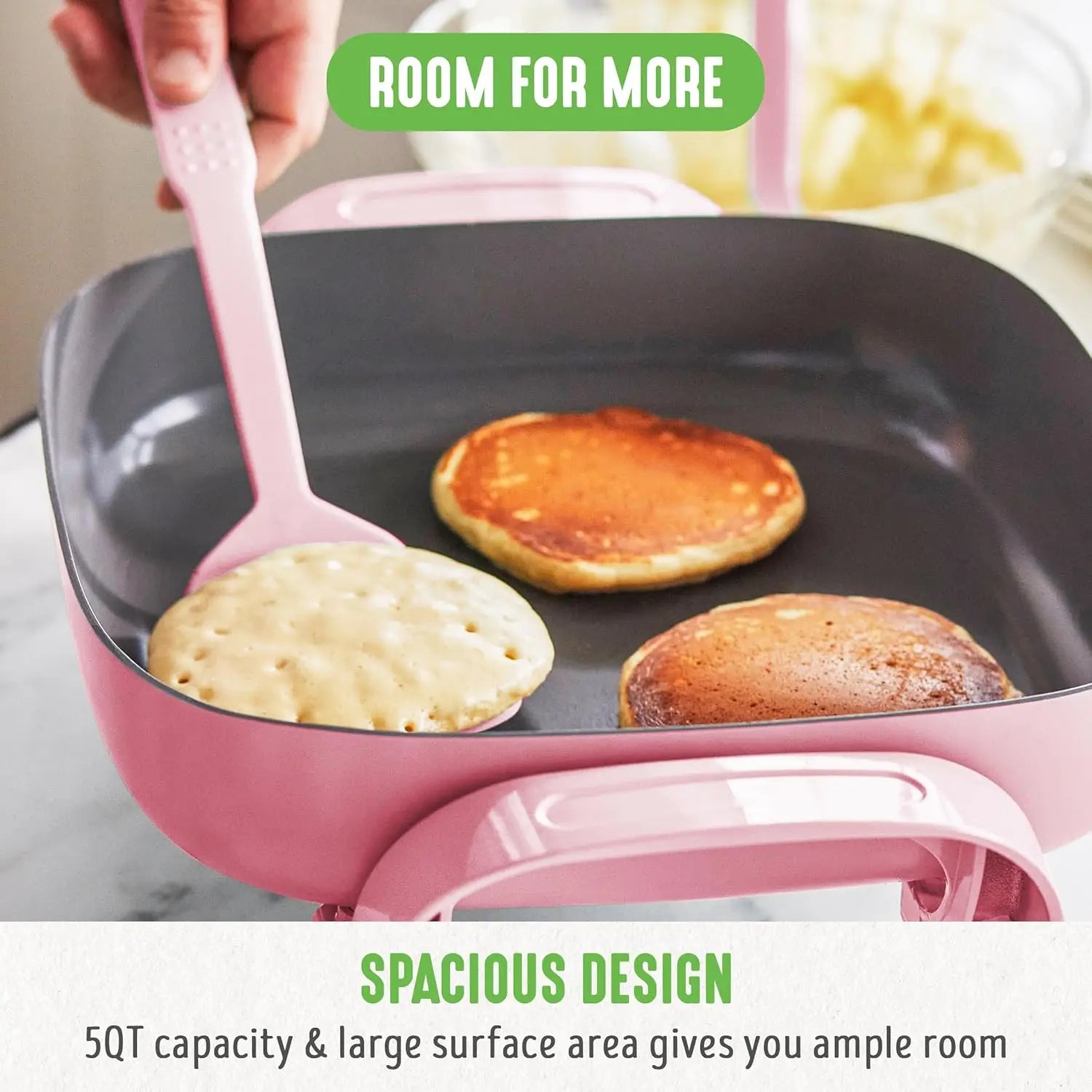 GreenLife 12" Square Electric Skillet with Glass Lid, Ceramic Nonstick, Adjustable Temp, Cool Handles, Pink