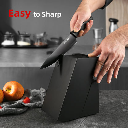 15 Pieces Carbon Steel Kitchen Knife Block Set, Built-in Knife Sharpener, Non-Slip PP+TPR Handles, 6 Steak Knives