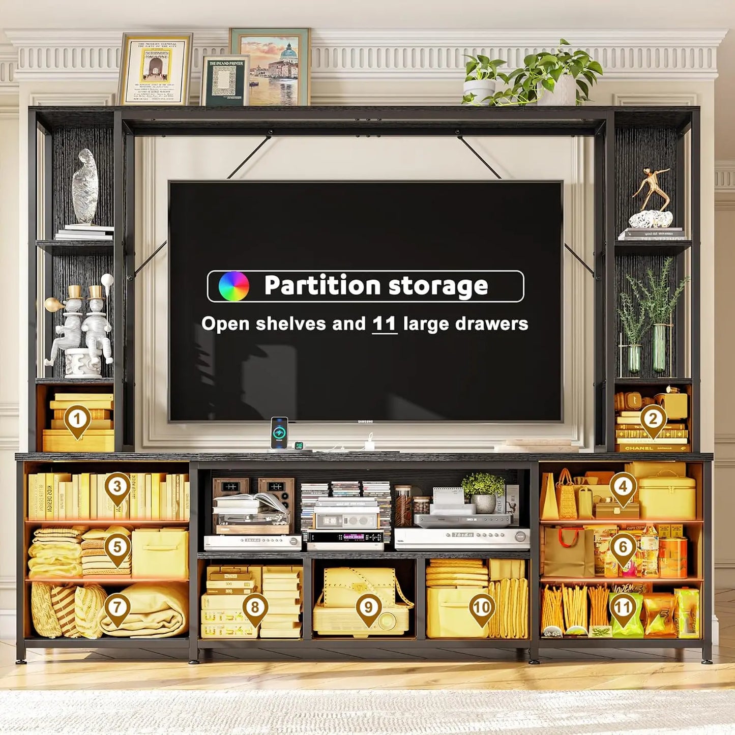 65" TV Stands for Living Room, Large Wall Unit Entertainment Center with 11 Fabric Drawer,Dresser TV Stand with 2 LED Lights