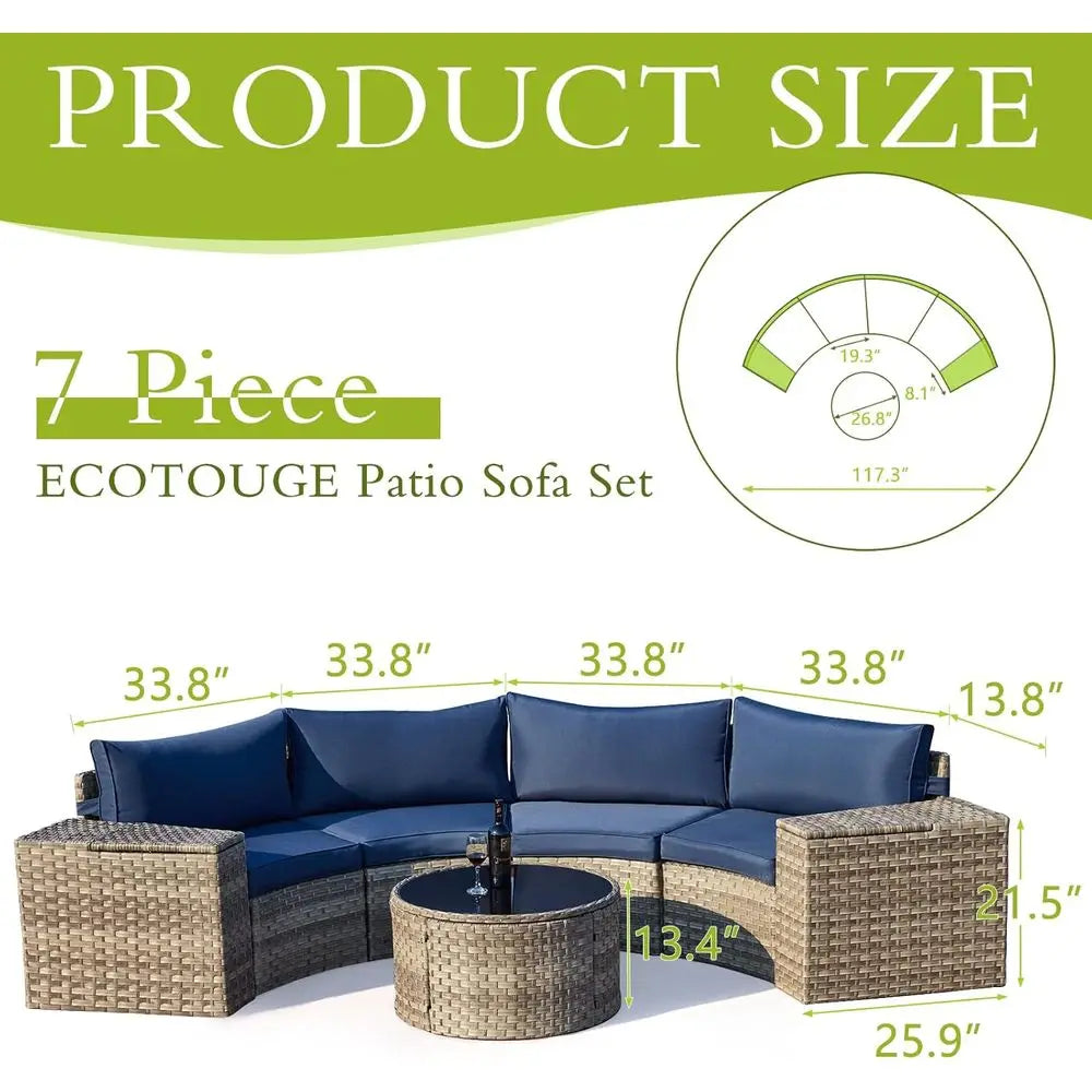 7 Piece Outdoor Hal Moon urniture, Wicker Patio Sectional Contion Set with 2 Storage Armrests and Circle Glass Table, Gray Ratta