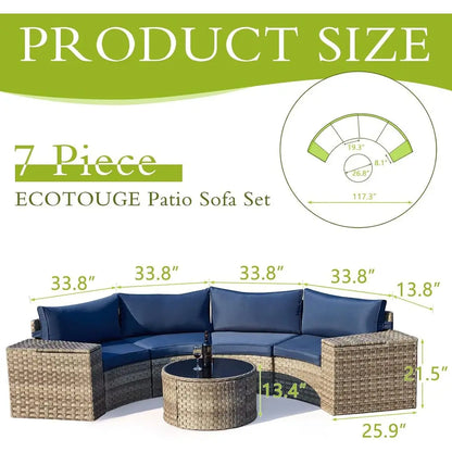 7 Piece Outdoor Hal Moon urniture, Wicker Patio Sectional Contion Set with 2 Storage Armrests and Circle Glass Table, Gray Ratta