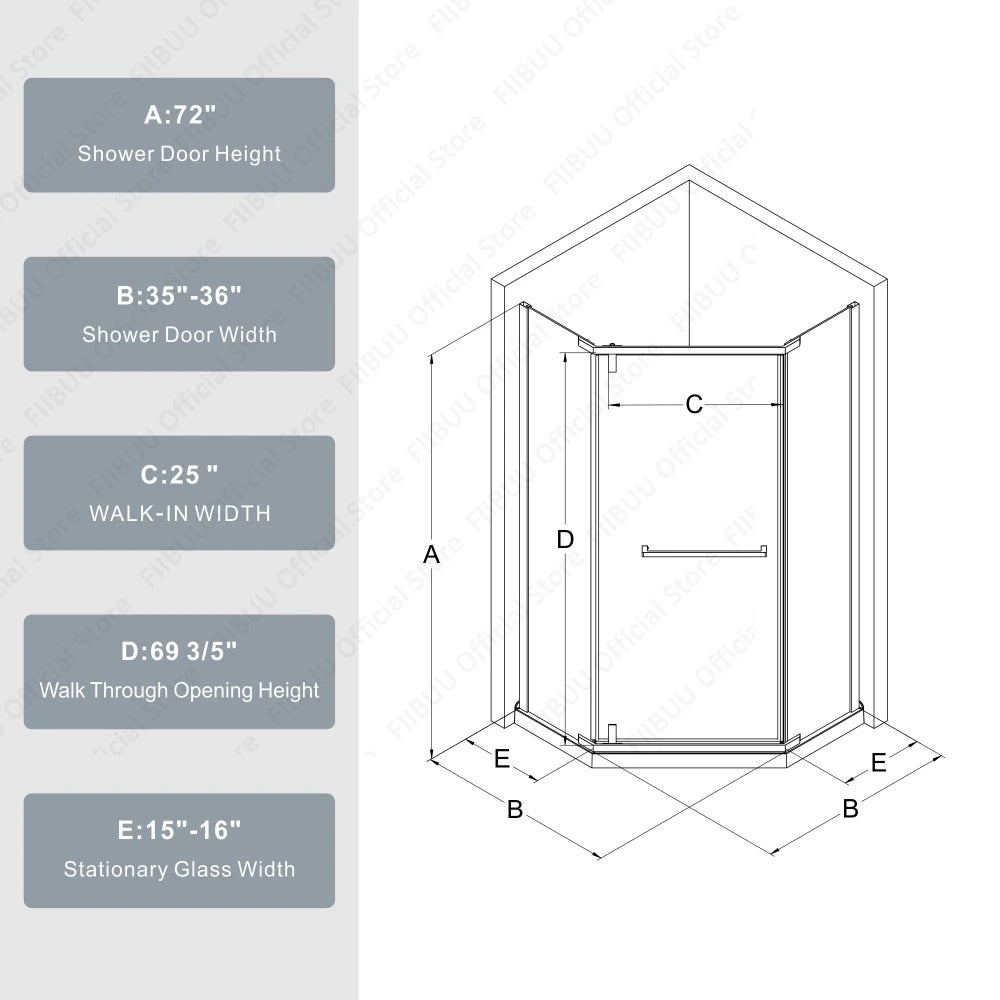 FIIBUU FramelessShowerDoor Neo Angle Shower Door TemperedGlass Enclosure System Premium