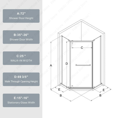 FIIBUU FramelessShowerDoor Neo Angle Shower Door TemperedGlass Enclosure System Premium
