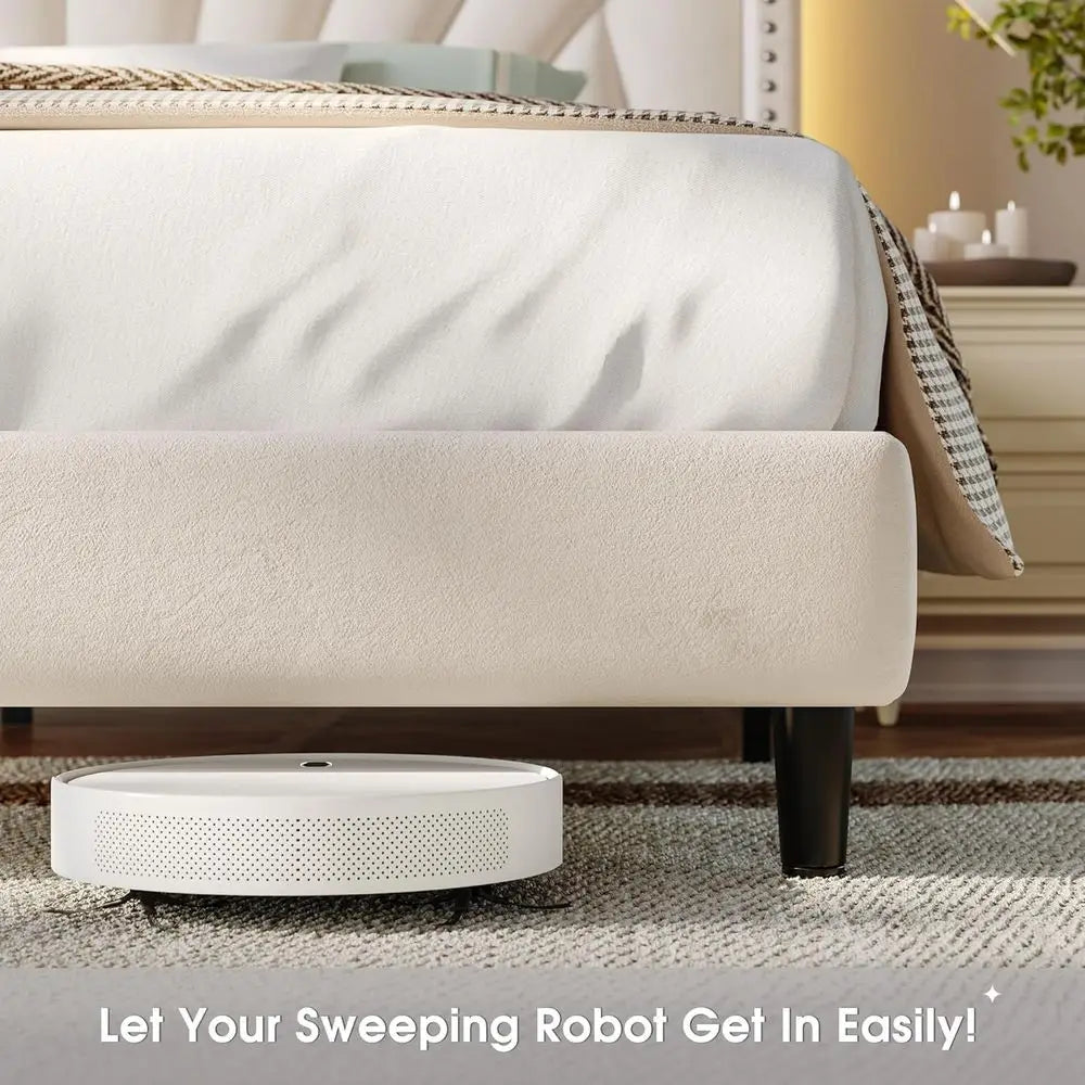 Chengwei Velvet Wingback King Bed Frame With LED Headboard