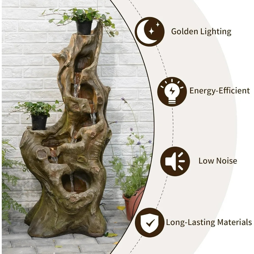 Water Fountain Outdoor 5-Tiers Large Cascading Realistic Tree Trunk Natural Waterfall Outdoor Fountain Resin Imitation Wood