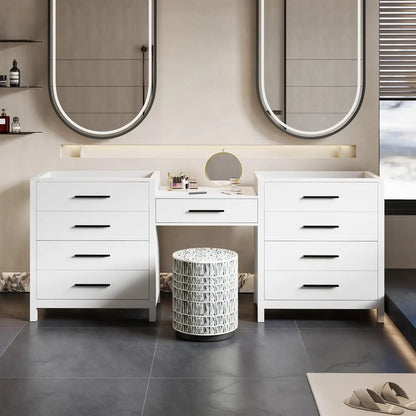 84" Modern Bathroom Vanity Sink Combo with 24" Makeup Desk 30" Dual Basins Faucets Drains White Customized