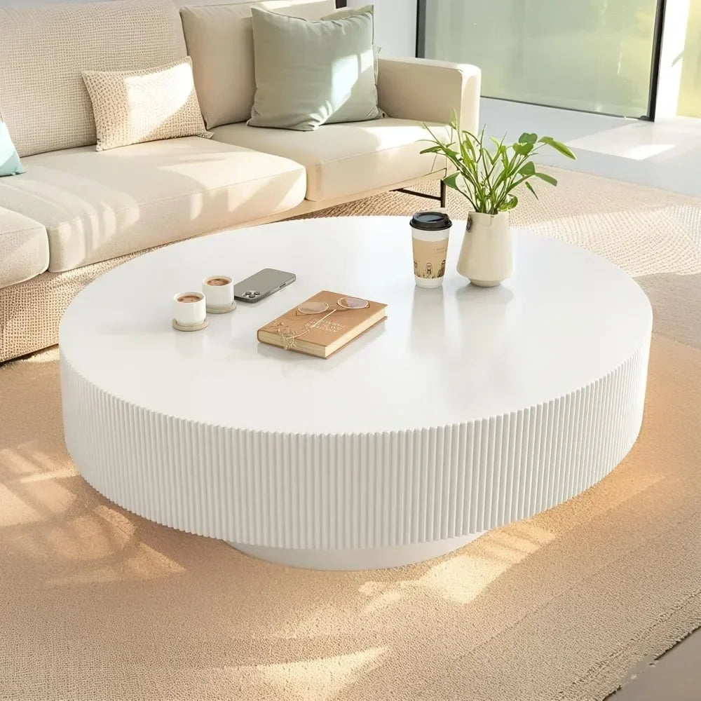 BestsellerRound Coffee Table for Living Room, Modern Wood Drum Center Table, Minimalist Fluted End Table with Sturdy Base, White