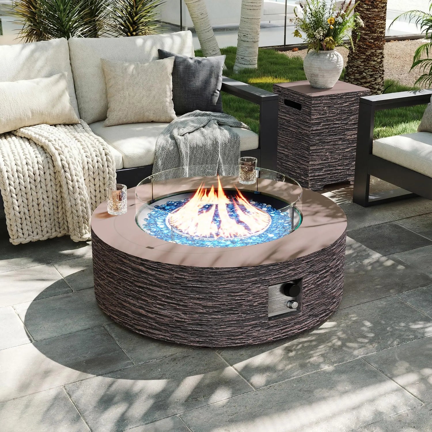 42-inch Outdoor Propane Gas Fire Pit Table 50000 BTU Concrete Round FirePit for Outside Patio with Propane Tank Cover, Wind Guad