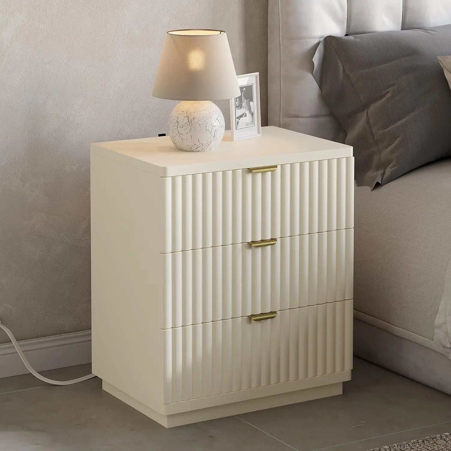 3 Drawer Charging Bedside Table Large Fluted Modern Bedroom End Table Set Of 2, Customized