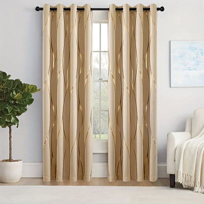 2Pcs Golden Wave &amp;Circle Blackout Curtains Thermal Insulated Light Filtering Drapes with Grommet Top  Living Room Bedroom
