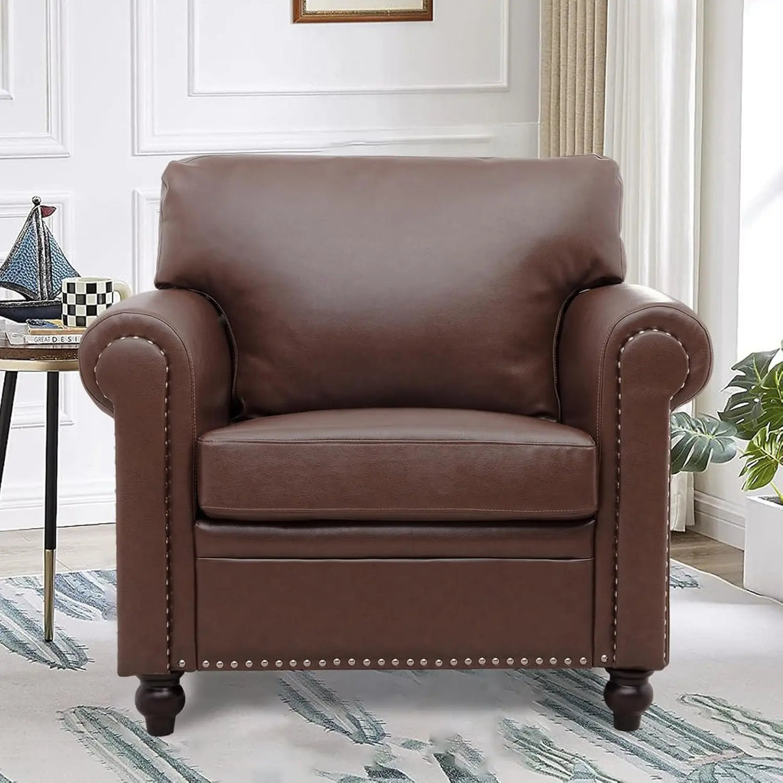Brown Faux Leather Chair，Mid Century Modern Accent Chair Set for Office Bedroom Living Room with Deep Seats Detachable Cushions
