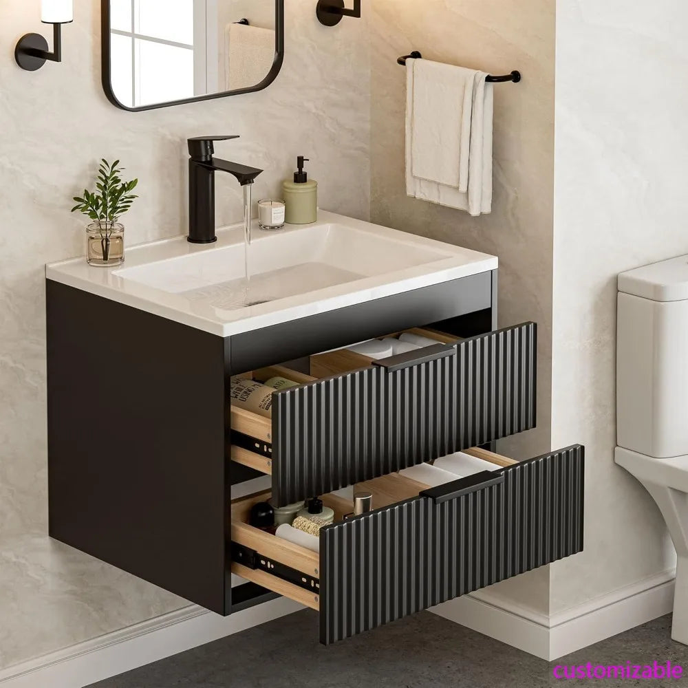 24" Modern Floating Bathroom Vanity with Sink, Double Drawers, Black Handles - White Resin Combo Set