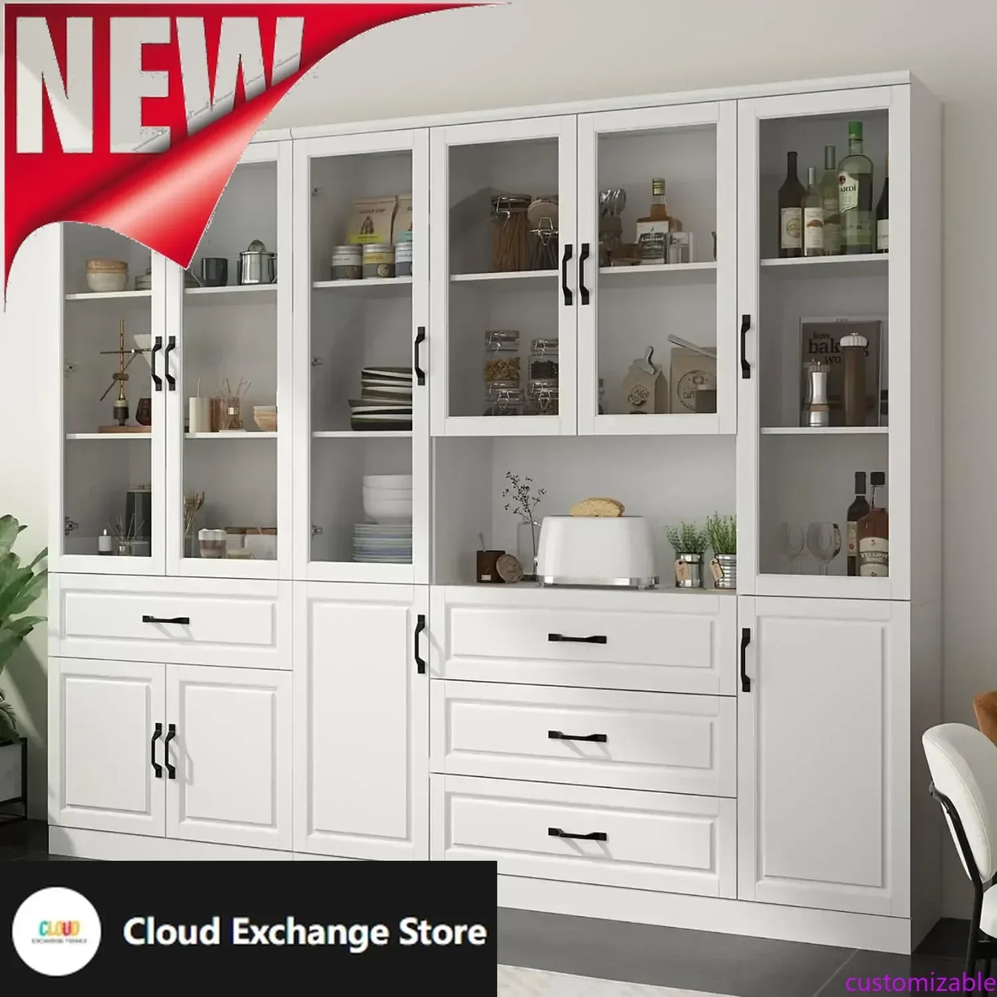 Customizable-Tall Bookshelf With Glass Doors & Drawers, 2 Piece Large Storage Cabinet Set, Home Office Bookcase With Doors, Glas