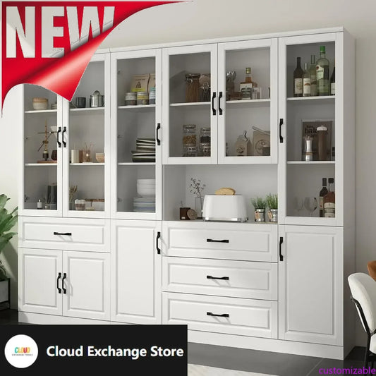 Customizable-Tall Bookshelf With Glass Doors & Drawers, 2 Piece Large Storage Cabinet Set, Home Office Bookcase With Doors, Glas