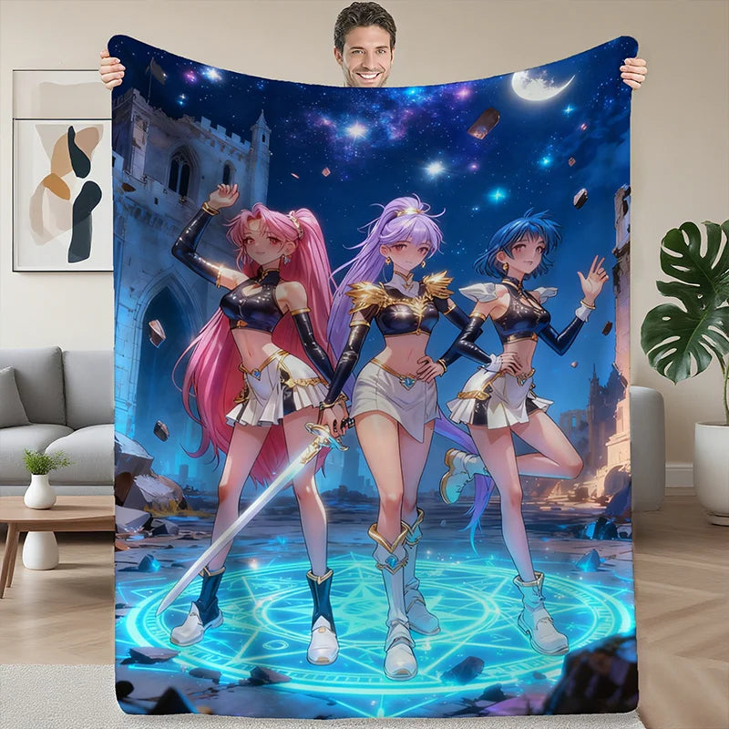 K POP Witch Hunting Group Female Warrior Anime Blanket Soft Flannel All Seasons, Lightweight Cozy for Home Travel Decor