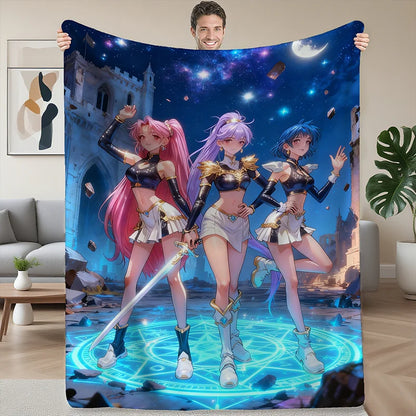 K POP Witch Hunting Group Female Warrior Anime Blanket Soft Flannel All Seasons, Lightweight Cozy for Home Travel Decor