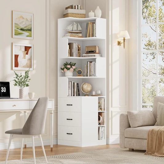 L-Shaped Corner Bookshelf with Drawers and Cubbies, 4-Tier Tall Bookcase for Living Room or Office, White