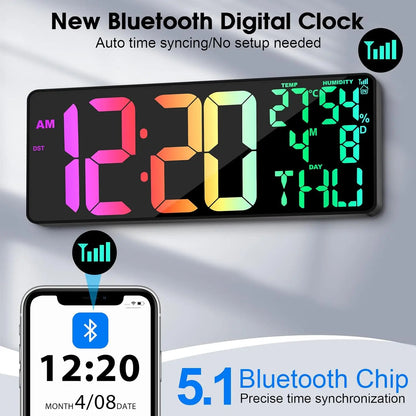 18-inch Digital Wall Clock with Bluetooth Sync, 11 RGB Colors, Remote Control, Alarm/Timer &amp; Temperature Display