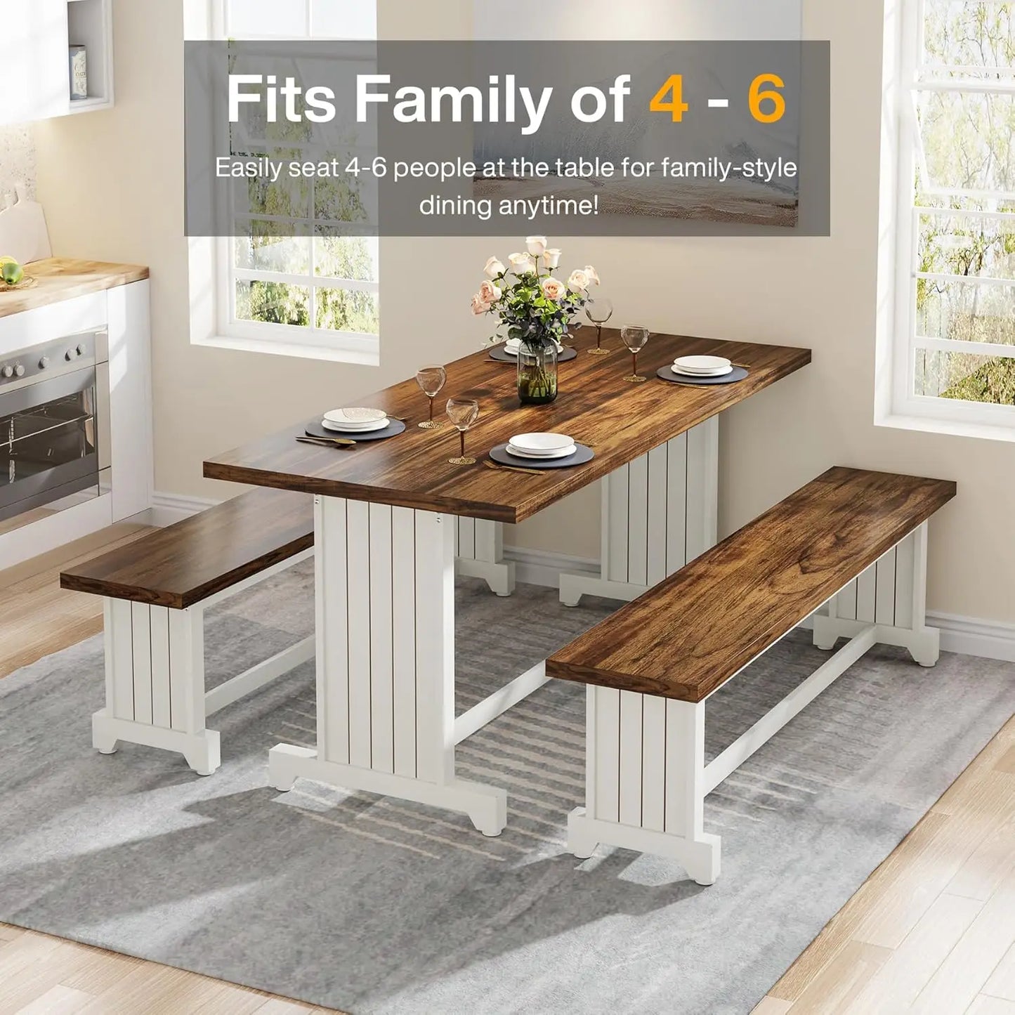 Farmhouse Wood Dining Table Set For Four With Two Benches