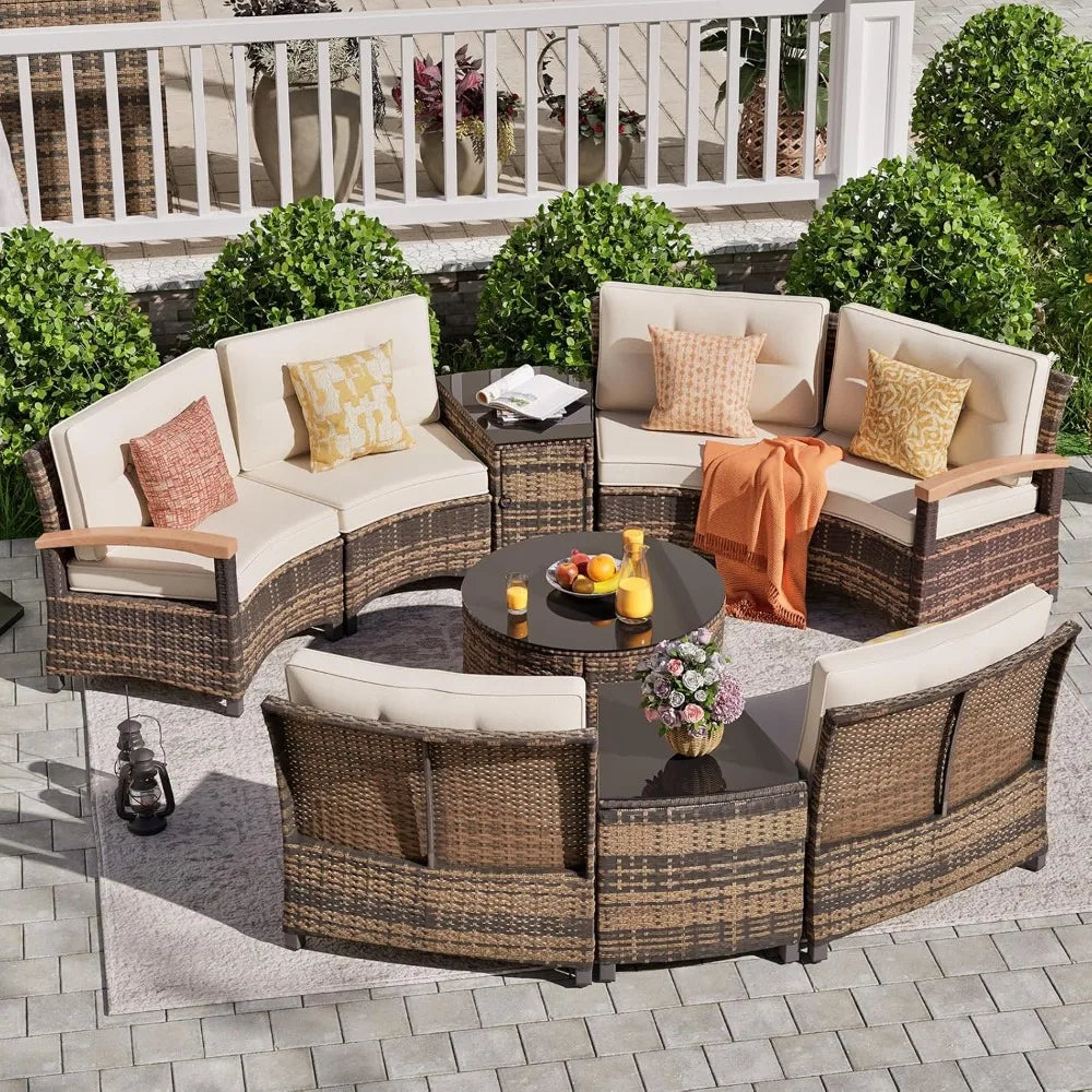 Angduo Half Moon Outdoor Patio Furniture Set Rattan Conversation
