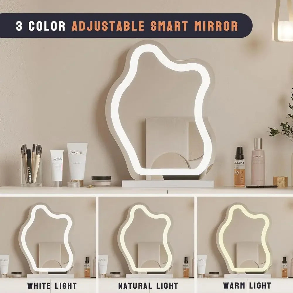 Elegant Makeup Vanity Desk with Illuminated Mirror and Storage, Leather-Clad 5-Drawer Set with Stool, 39.4in White