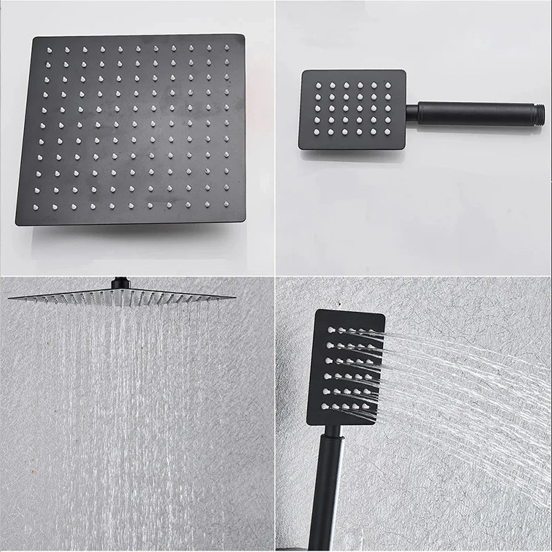 Bathroom Shower Faucet Wall Mounted 8" Shower Set Square Rainfall Hot Cold Water Bath Spout