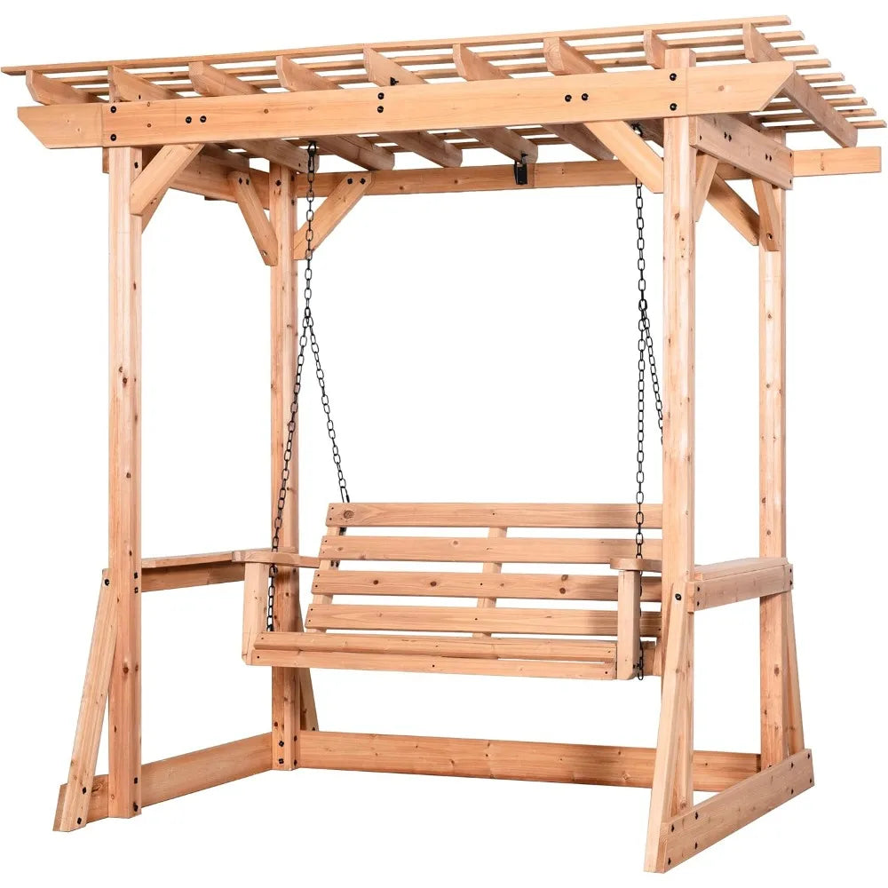 Backyard 8' x 5' Cedar Wood Outdoor Patio Pergola Swing Bench with Trellis, Two-Person Seating, Chains, Water