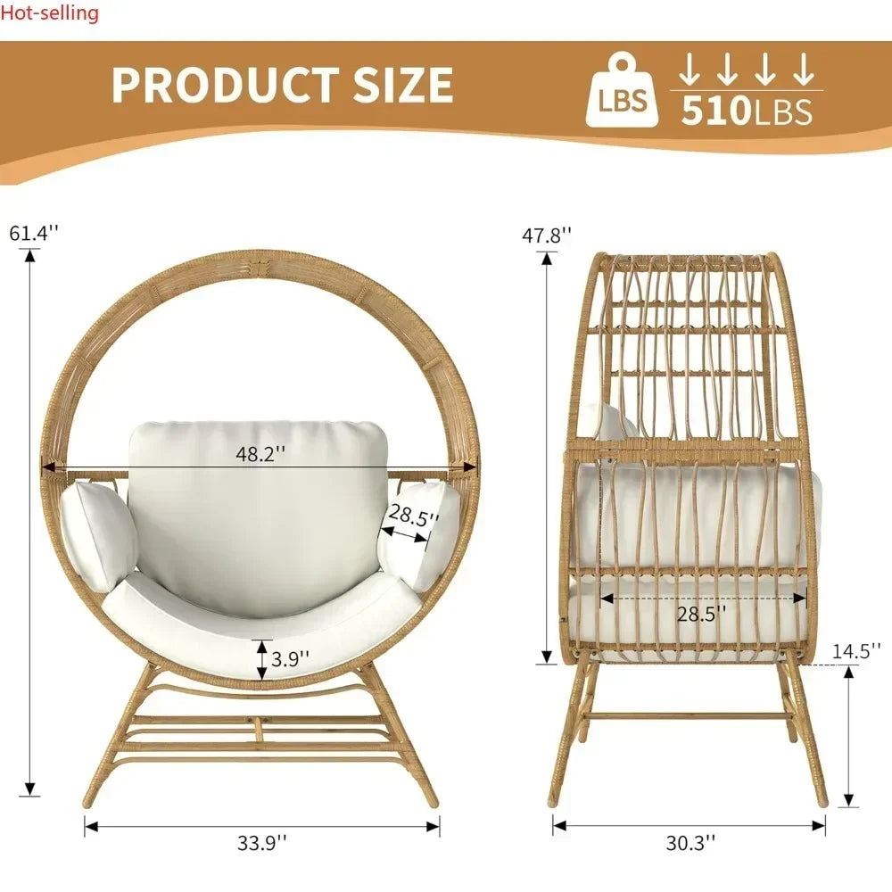 BestsellerEgg Chair Outdoor Indoor, Oversized Rattan Chair with Thicken Cushion, 350LBS Capacity Wicker Patio Lounge Chair, Bask
