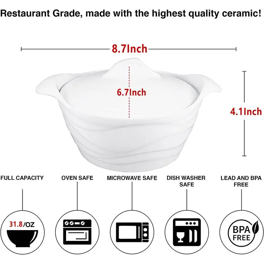Dish 31.8 ounce French White Ceramic Bakeware Set with Lids, Chip and Crack Resistant Stoneware Baking Dish, Microwave, Dishwash