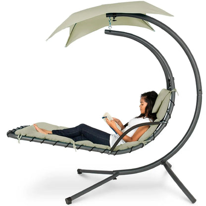 Outdoor Hanging Curved Steel Chaise Lounge Chair Swing w/Built-in Pillow and Removable Canopy - Peacock Blue, Customized
