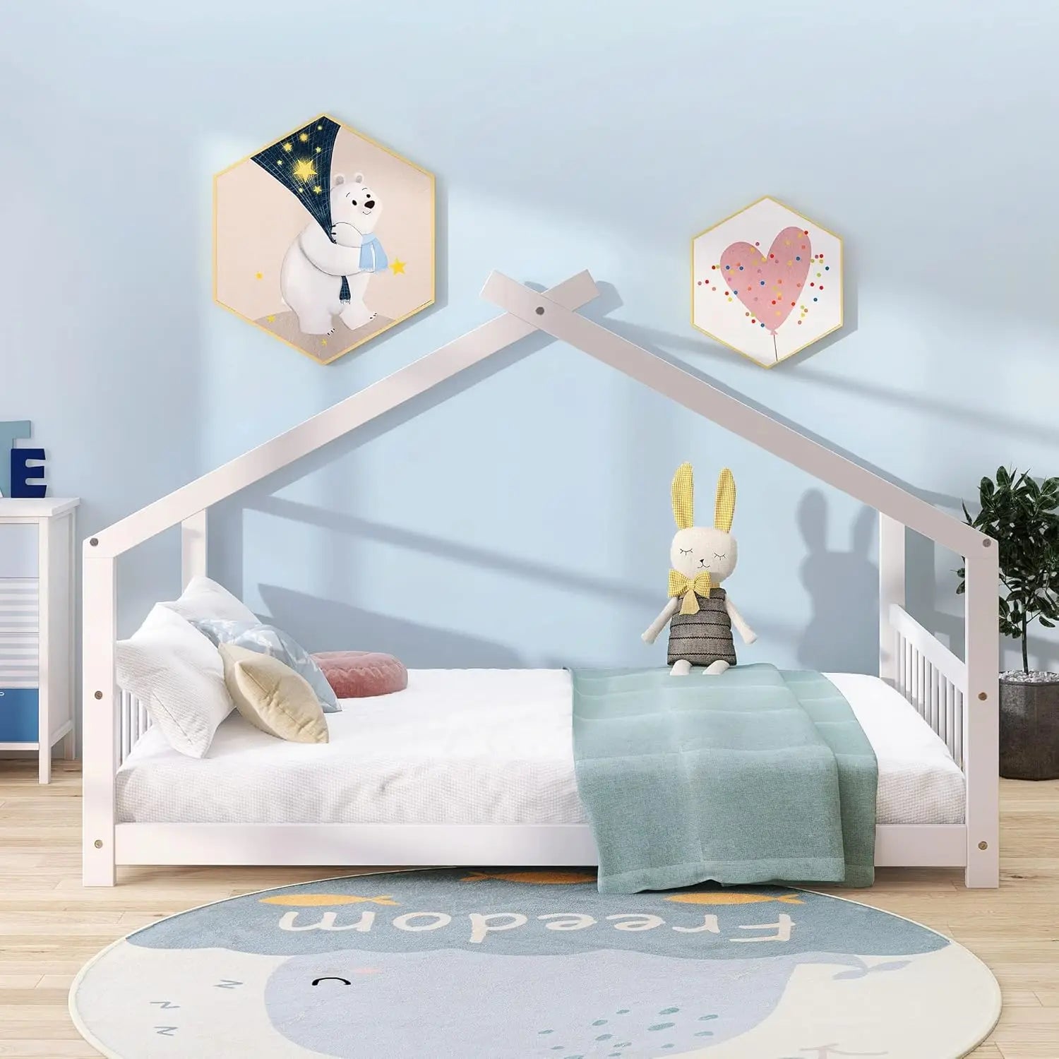 Full House Beds White Montessori Bed Wood Frame Kids Floor Bed with Headboard &amp; Footboard