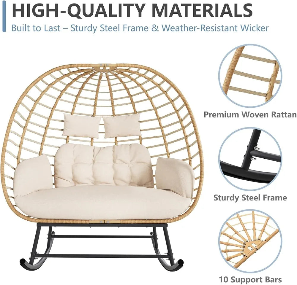 Double Egg Swing Chair Outdoor Indoor 2-Person Wicker Rocking Loveseat with Cushions, Patio Lounge for Balcony Backyard