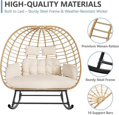 Double Egg Swing Chair Outdoor Indoor 2-Person Wicker Rocking Loveseat with Cushions, Patio Lounge for Balcony Backyard