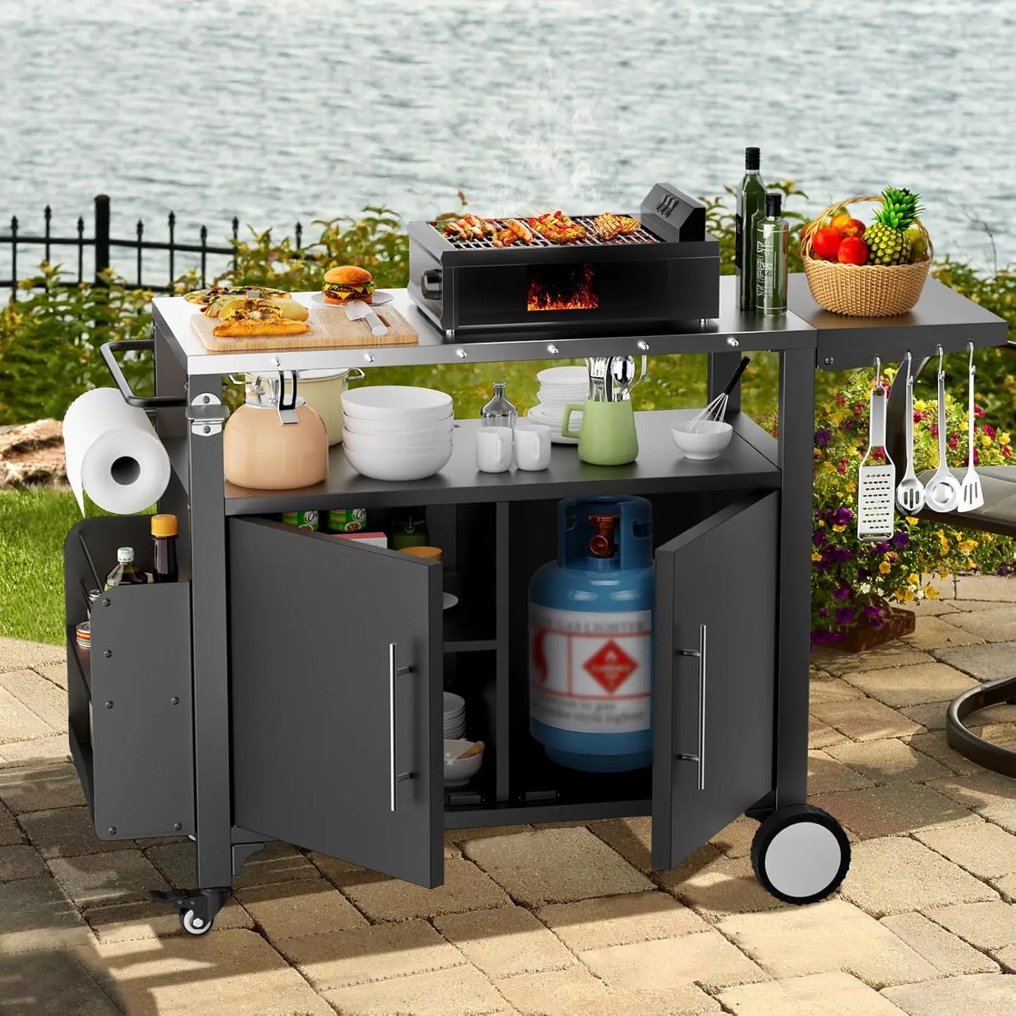 Outdoor Grill Cart with Storage,Patio Kitchen Island with WheelsHooks and Spice Rack,Waterproof Outdoor Grill Table