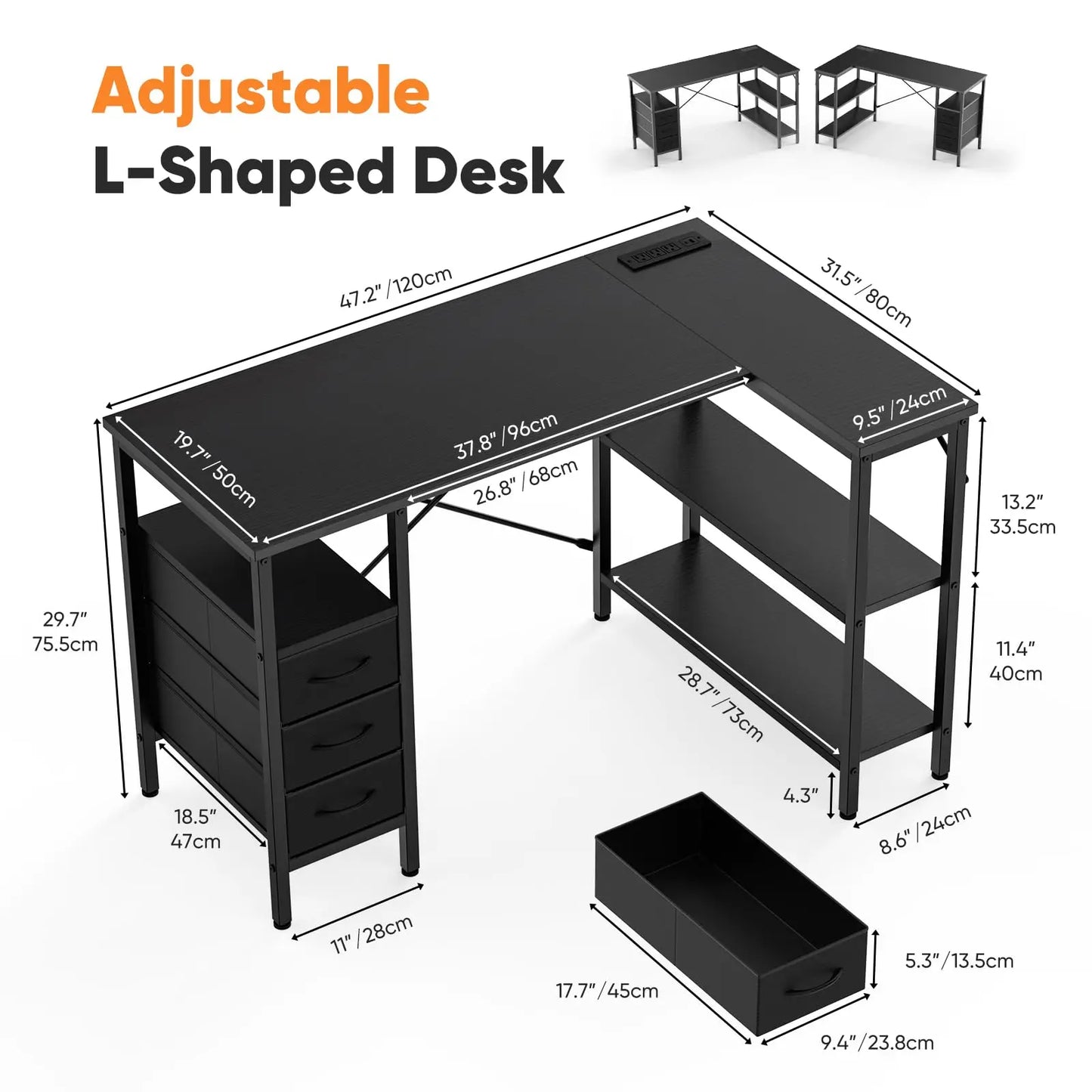 JHK L Shaped Desk With Shelf Drawers And Power Outlet