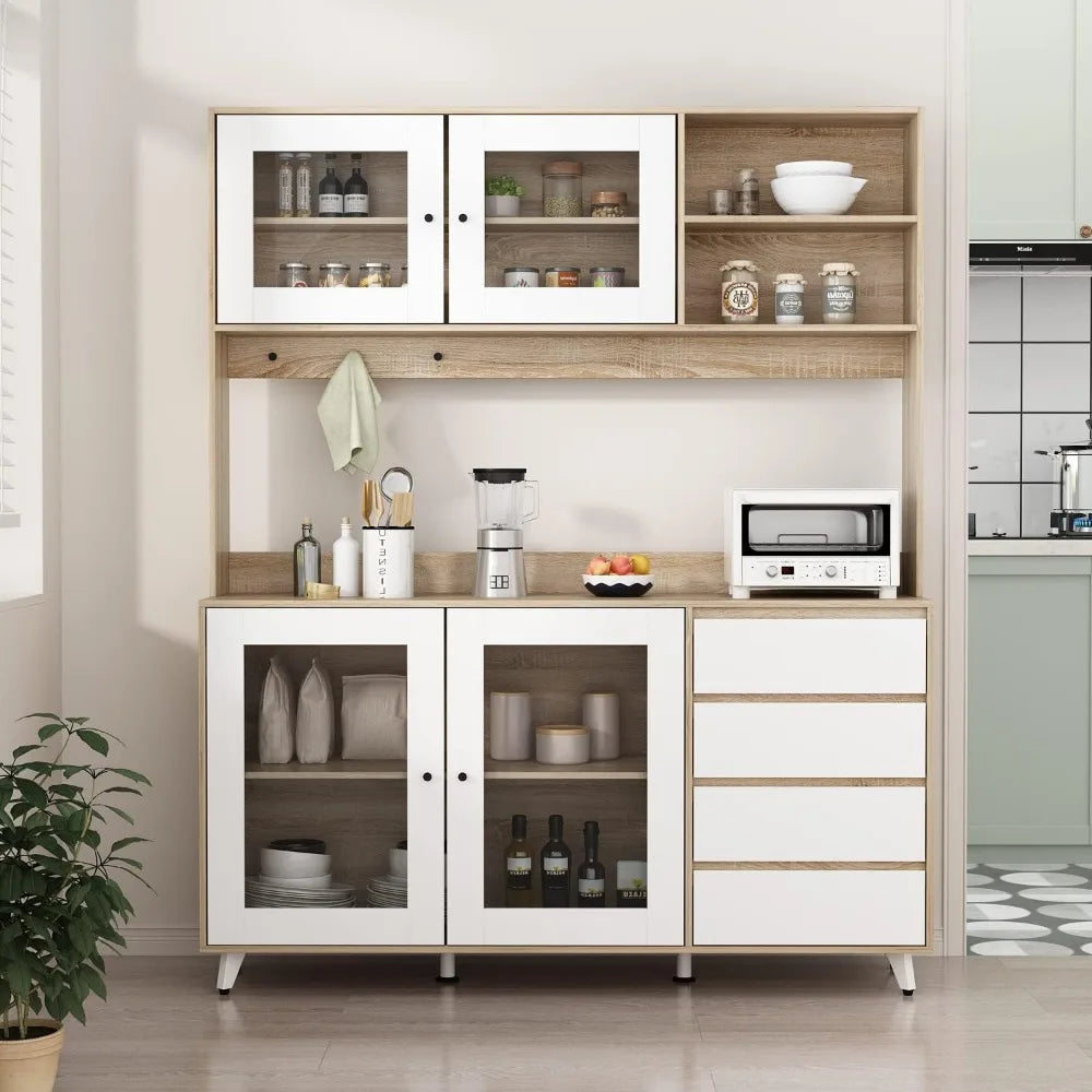 Charge Unit Kitchen Hutch Cabinet With Glass Doors And Drawers