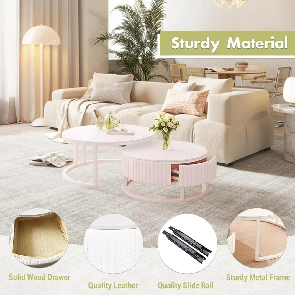 Round Marble Coffee Table with Storage Round Nesting Coffee Table Set of 2 Modern White Coffee Tables for Living Room Coffee Tab