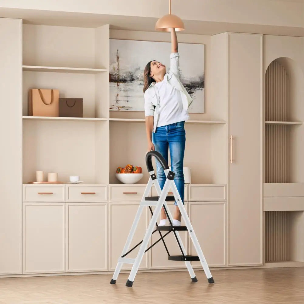 3 Step Folding Step Ladder, Heavy Duty 330lbs Load, Collapsible Stool for Home RV Outdoor Work White Red
