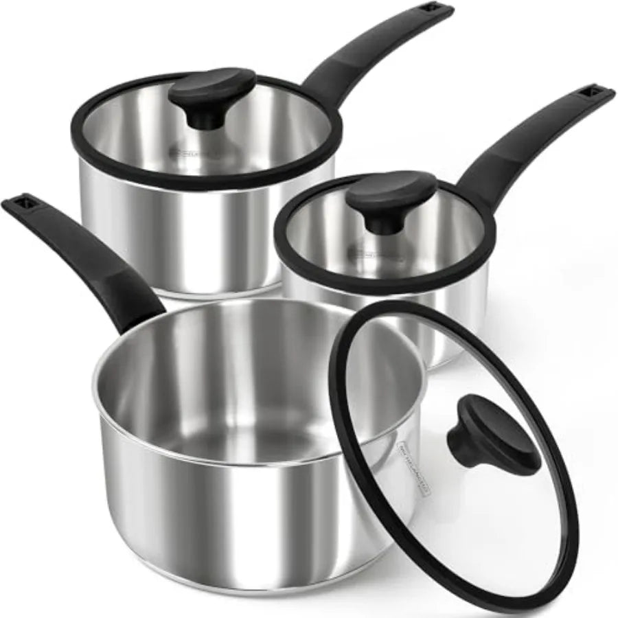 Stainless Steel Saucepan with Lid 1QT & 2QT & 3QT, Triply Stainless Steel Saucepans with Bakelite Handle, Premium Nonstick Sauce